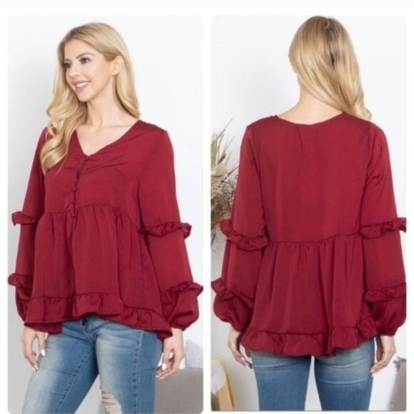 Womens Burgundy Ruffle Hem Button-Down Long Sleeve Peplum Blouse Top-NEW - Picture 1 of 7